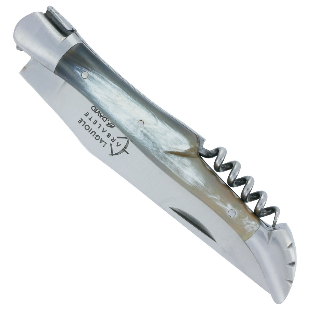 Couteau Laguiole d’Antan 2 Pièces Manche en Buffle avec Tire Bouchon 2 Mitres Inox Brossé 12cm