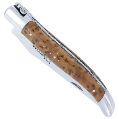Couteau Laguiole en Aubrac 1 pièce 12cm Thuya 2 Mitres Inox Brillant Platines et Ressort Guillochés Finition Brillante