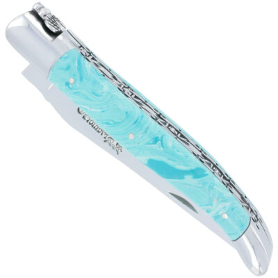 Couteau Laguiole en Aubrac 1 pièce 12cm Manche Pierre Larimar 2 Mitres Inox Brillant Double Platines et Ressort Guillochés Finition brillante N°2