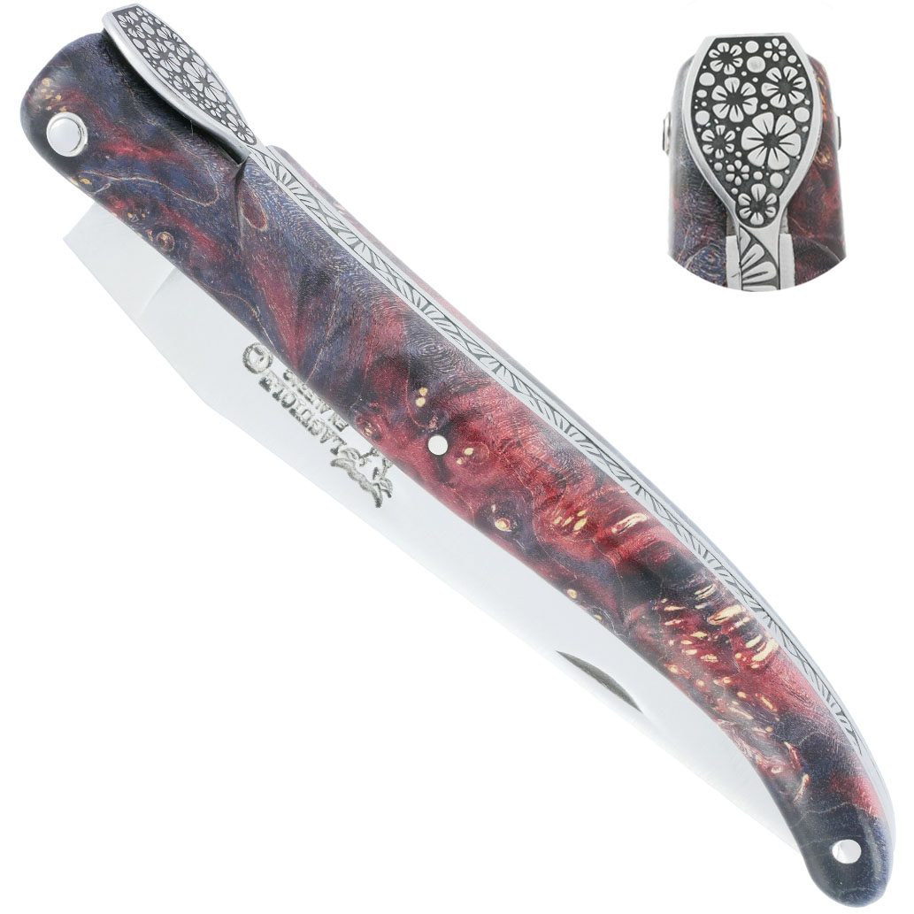 Couteau_Laguiole_en_Aubrac_Plein_Manche_Primrose_Loupe_de_sureau_rose_violette_mouche_gravure_fleur