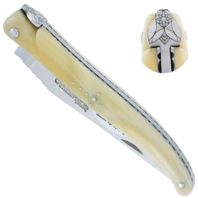 Couteau Laguiole en Aubrac 1 pièce 12cm Plein Manche Pointe de corne platine guilloché mouche ciselée