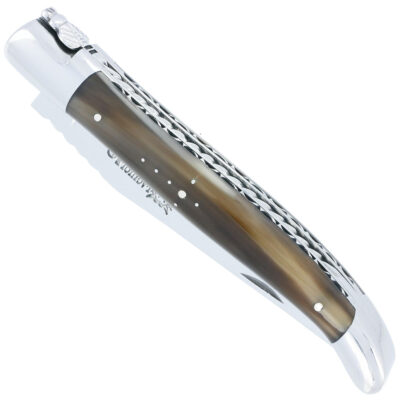 Couteau Laguiole en Aubrac 1 pièce 12cm Pointe de Corne Flammée 2 Mitres Inox Brillant Double Platines et Ressort Spirale Guillochés Finition Brillante NUM4
