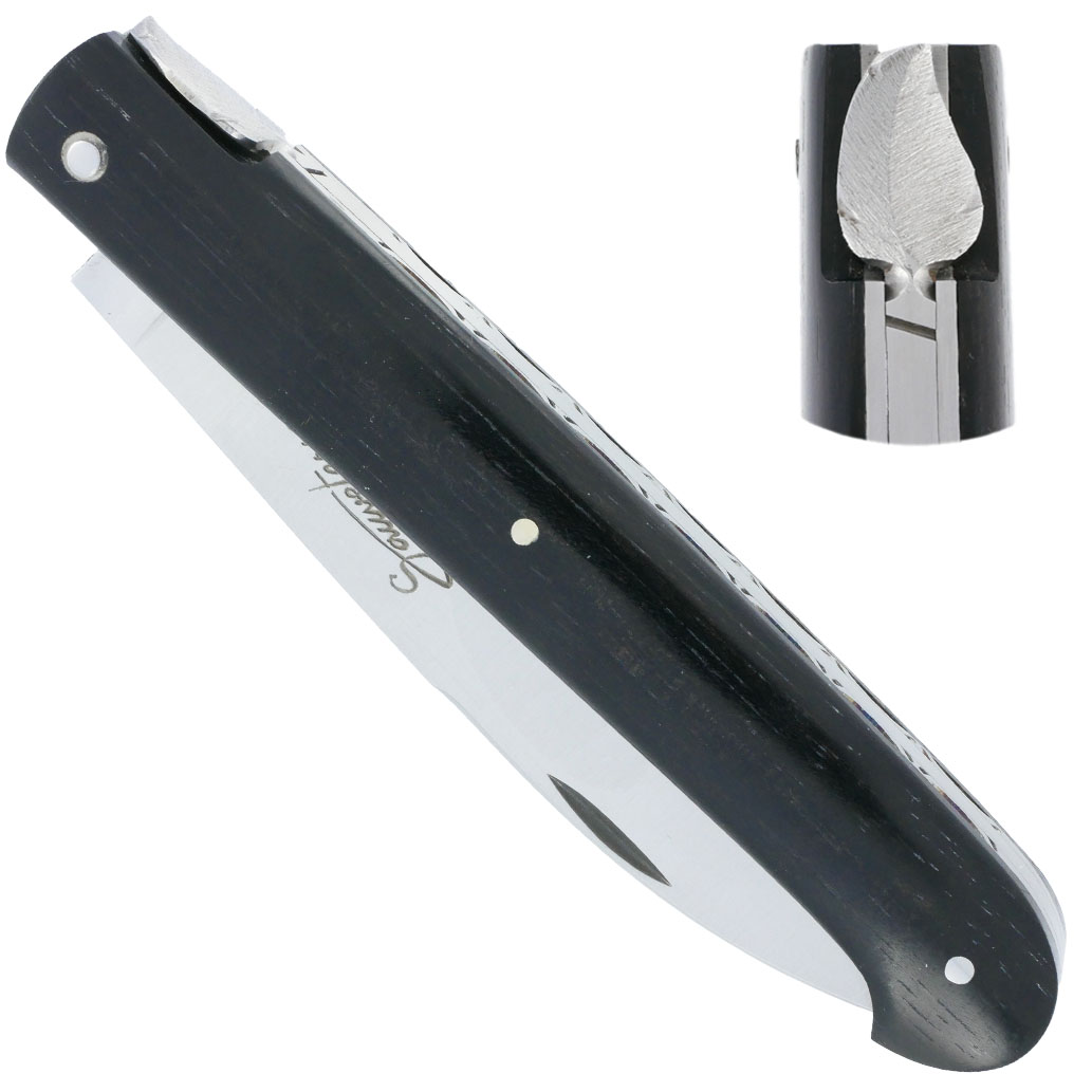 Couteau SAUVETERRE 1 pièce 11 cm Plein Manche Ebène Mouche Prestige Feuille de Sauge Platines Guillochées Finition brossée Ressort lisse personnalisable en 3D