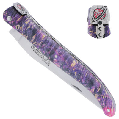 Couteau Prestige Laguiole en Aubrac Collection Cosmos "Saturne" 1 Pièce 12 cm Plein Manche en Loupe de Sureau Rose Ressort Guilloché Platines Inox Guillochées Mouche Spéciale Thème Saturne