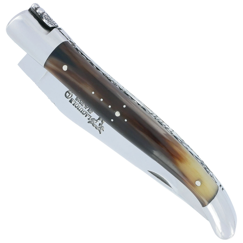 Couteau Laguiole en Aubrac 1 pièce 12cm Pointe de Corne 2 Mitres Inox Brillant Platines et Ressort Guillochés Finition Brillante N°3
