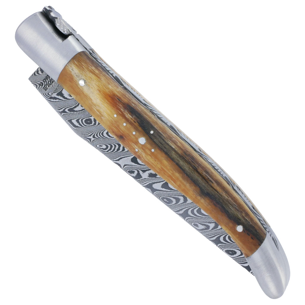 Laguiole Aubrac Messer 1 Stück 12 cm Aubrac Holz Griff Handgefertigte Guilloché Platten und Feder 2 geschmiedeter Fliegebolster Damaskusklinge mit gebürsteter Oberfläche