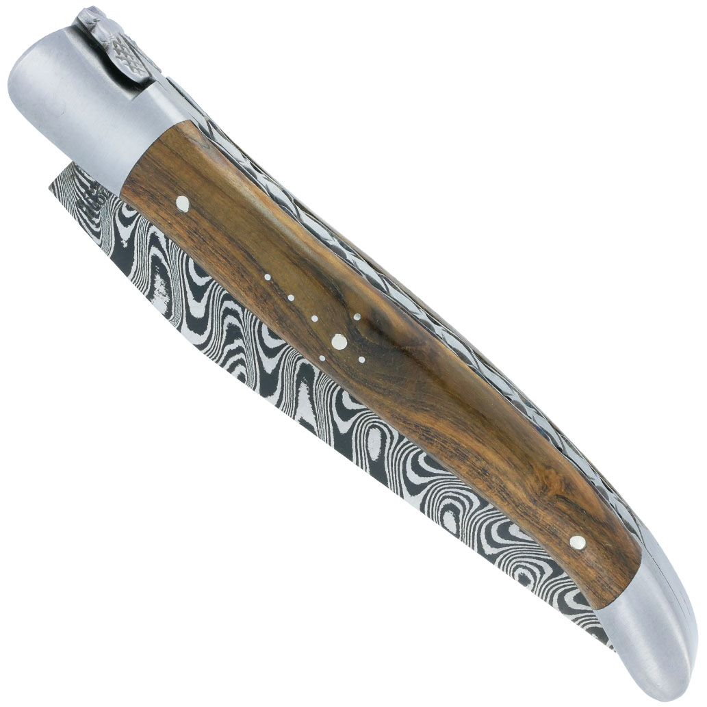 Laguiole Aubrac Knife 1 piece 12cm Pistachio Handle Hand-guilloché plates and spring 2 bolsters Forged Fly Damascus blade Glossy finish