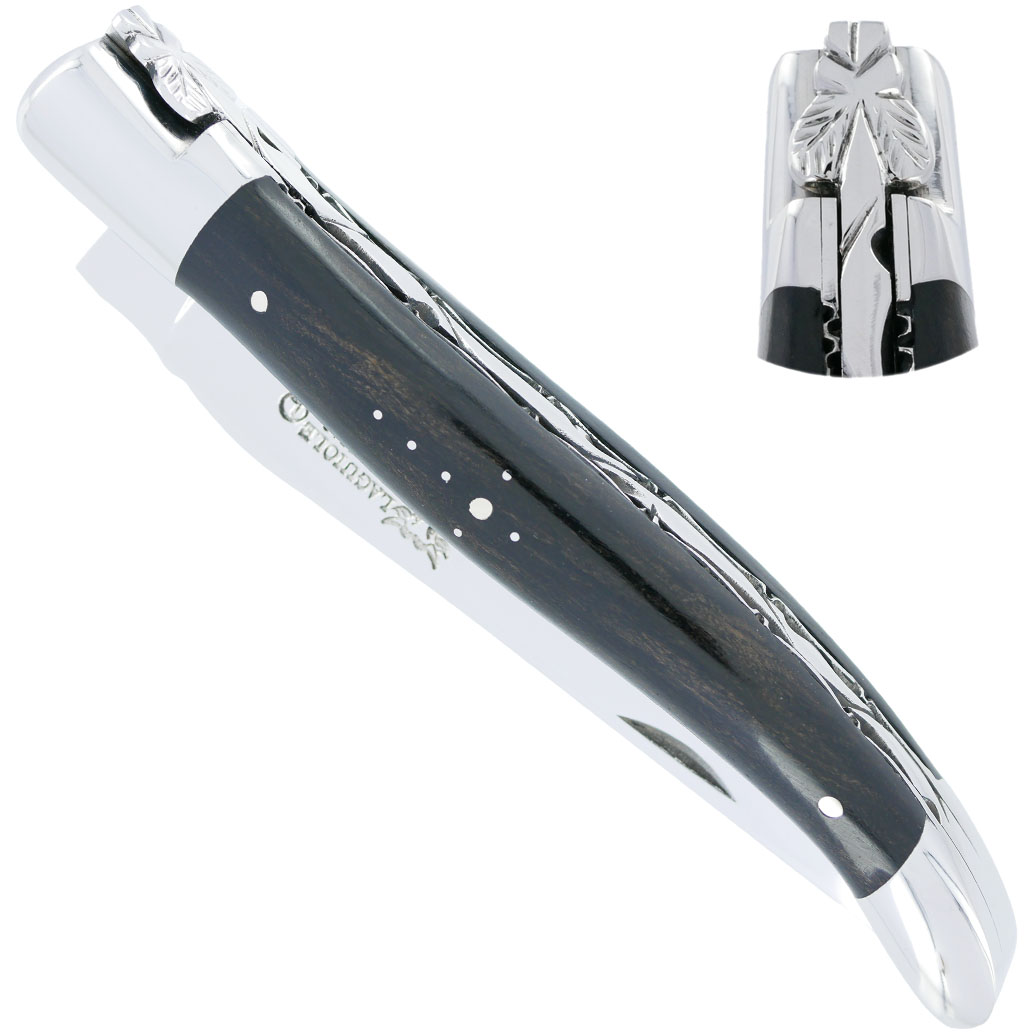 Couteau Laguiole en Aubrac platine et ressort guillochés 2 mitres brillant