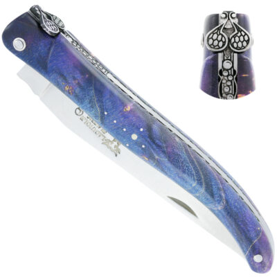 Couteau Laguiole en Aubrac loupe de sureau bleue et violette ressort bulles