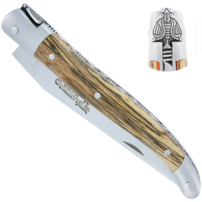 Couteau Laguiole en Aubrac rivets en reliefs entretoises oranges