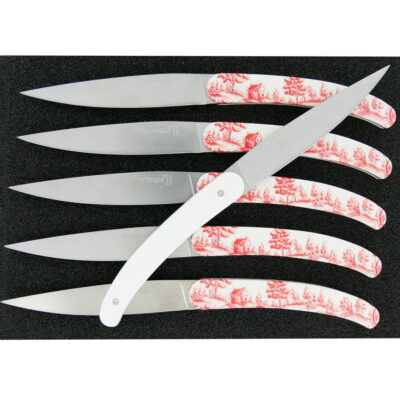 Coffret de 6 couteaux de table sublimation Le Coq Français– Theme Toile de Jouy Rouge