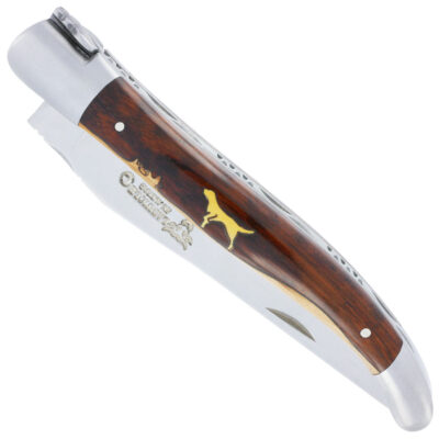 Couteau Laguiole en Aubrac 1 Pièce 12 cm Manche Marqueterie Chien Amourette/Genévrier 2 Mitres Inox Brossé
