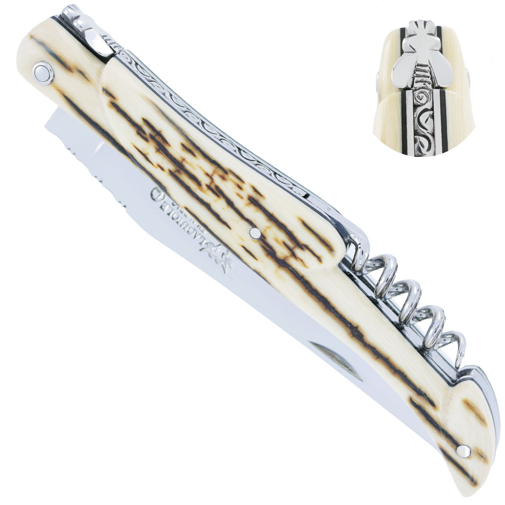 Couteau Laguiole en Aubrac 2 Pièces 12 cm Plein Manche en Croute d’Ivoire de Mammouth avec Tire Bouchon Ressort Guilloché Main Motif Floral Entretoises noires Finition brillante PIECE UNIQUE