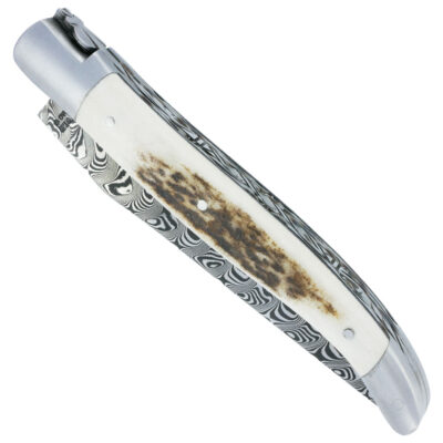 Couteau Laguiole en Aubrac 1 pièce 12cm Manche Bois de cerf Mitres Inox Brossé Double Platines et Ressort Guillochés Finition brossée N°2