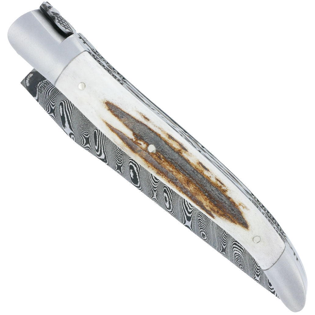 Laguiole Aubrac Knife 1 piece 12cm Handle Antler Mitres Brushed Stainless Steel Double Guilloché Plates and Spring Brushed Finish N°1