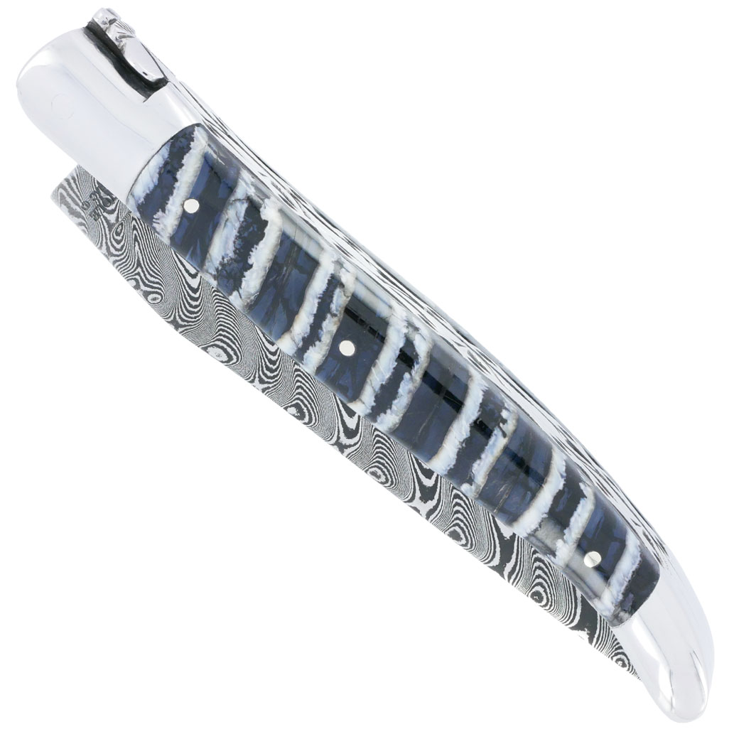 Laguiole Knife in Aubrac 1 piece 12cm Mammoth Molar Handle Tiger Bluish Grey Double Guilloché Plates and Spring Hand 2 Forged Fly Bolsters Damascus Blade Glossy Stainless Steel Finish