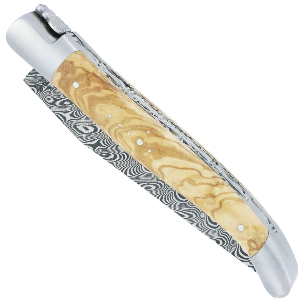 Laguiole Knife in Aubrac 1 piece 12cm Handle Olivier Mitres Brushed Stainless Steel Double Guilloché Plates and Spring Brushed Finish Damascus Blade