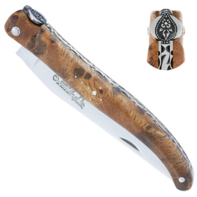 Couteau Laguiole en Aubrac 1 Pièce 12 cm Plein Manche en Albizia Ressort et Platines guillochées Mouche Prestige PIECE UNIQUE