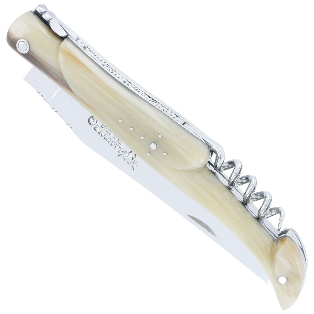 Couteau Laguiole en Aubrac 2 pièces 12 cm pointe de corne guillochage arrière plume