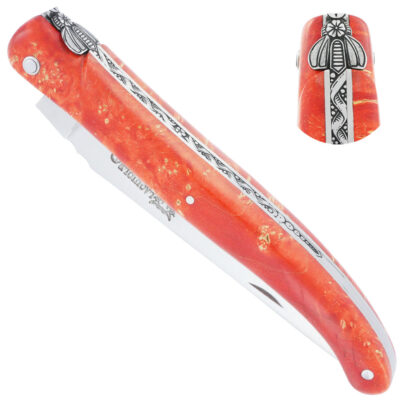 Couteau Laguiole en Aubrac 1 Pièce 12 cm Plein Manche en Loupe de Sureau Orange Ressort Joliment guilloché à la main Mouche Prestige PIECE UNIQUE