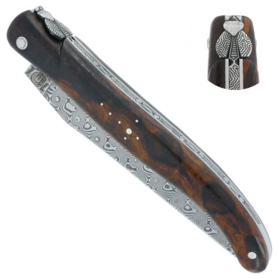 Couteau Laguiole en Aubrac 1 pièce 12cm Plein Manche en Loupe de Bois de Fer Ressort Guilloché Lame Damas Mouche Forgée Prestige