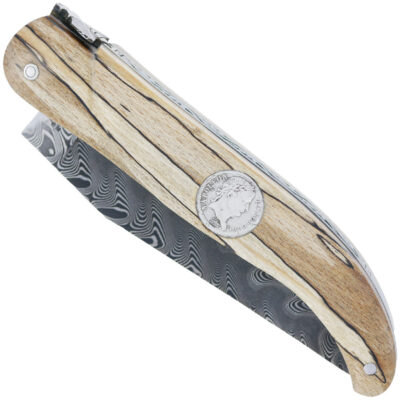 Laguiole Aubrac Hunting Knife 14cm Full Handle in Aubrac Wood Hand Guilloché Spring Prestigious Fly Feather Motif Coin Insertion Silver 1/2 Franc Napoleon Satin Finish Damascus Blade UNIQUE PIECE