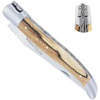Couteau Laguiole en Aubrac 1 Pièce 12 cm Double Platines et ressort guillochés Manche en Bois d’Aubrac 2 Mitres Inox Brossé Lame Inox Brossé Mouche Prestige N°14