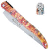Couteau Laguiole en Aubrac Hibiscus Collection Jardin Secret 1 pièce 12 cm Plein Manche en Loupe de Sureau Teintée Orange et Bleu Ressort et Mouche Plate Gravés Motif Fleural Hibiscus