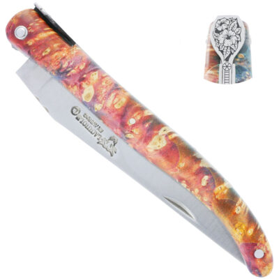 Couteau Laguiole en Aubrac Hibiscus Collection Jardin Secret 1 pièce 12 cm Plein Manche en Loupe de Sureau Teintée Orange et Bleu Ressort et Mouche Plate Gravés Motif Fleural Hibiscus