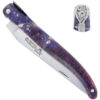 Couteau Laguiole en Aubrac Hibiscus Collection Jardin Secret 1 pièce 12 cm Plein Manche en Loupe de Sureau Teintée Violet Ressort et Mouche Plate Gravés Motif Fleural