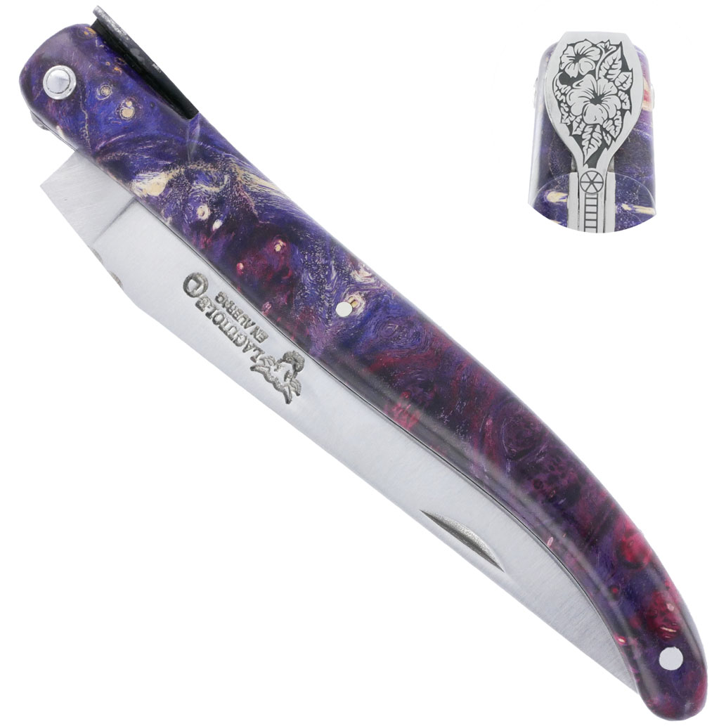 Couteau Laguiole en Aubrac Hibiscus Collection Jardin Secret 1 pièce 12 cm Plein Manche en Loupe de Sureau Teintée Violet Ressort et Mouche Plate Gravés Motif Fleural