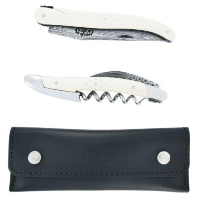 Coffret Duo Prestige Forge de Laguiole Couteau 12cm et Sommelier en coeur d’ivoire de Mammouth blanc Lame Damas Ressort et Platines Guillochées Main