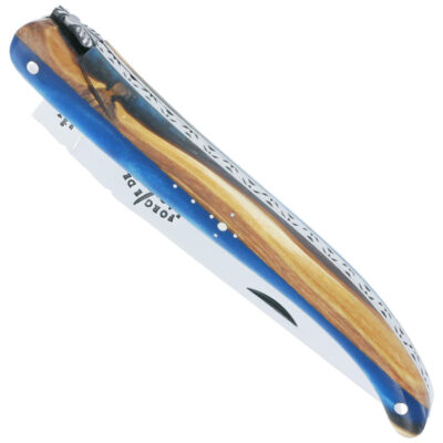 Couteau Forge de Laguiole Collection ALCHIMIE en Genévrier et résine bleue 12cm Finition en Inox brillant