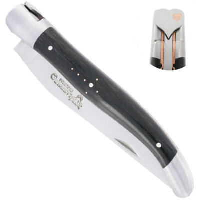 Laguiole folding knife in Aubrac heart 1 piece 12cm copper ebony handle 2 satin stainless steel bolsters single guilloché plates copper fly heart blade brushed stainless steel