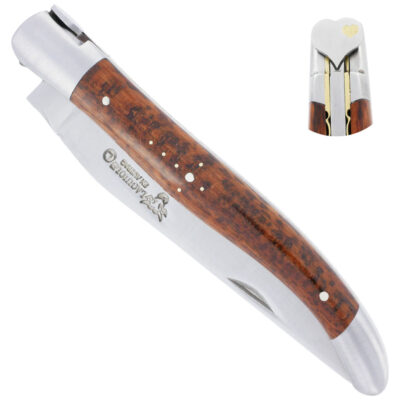 Couteau Pliant Laguiole en Aubrac Coeur Laiton 1 Pièce 12cm Manche en Amourette 2 Mitres Inox Satiné Simple Platines Guillochées en Laiton Mouche Coeur Finition Satinée