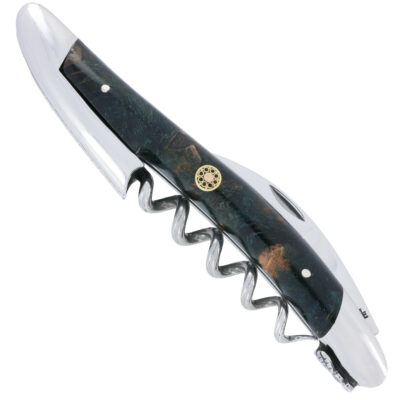 Sommelier Forge de Laguiole en Erable échauffé bleu Finition Inox brillant Gravure Chape Pinot Rivet Mosaique finition brillante
