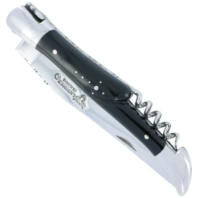 Couteau Laguiole en Aubrac 3 pièces 12cm Tire-Bouchon et Poinçon Manche Buffle 2 Mitres Finition Inox Brillant