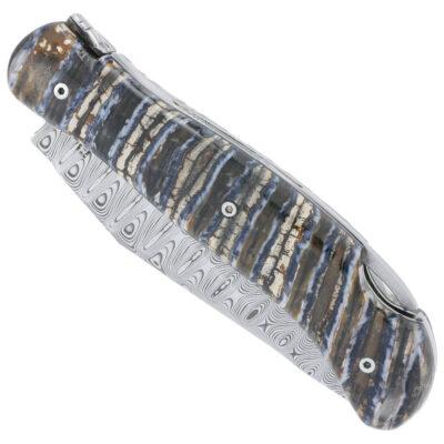 Couteau de Chasse Laguiole Arbalète Grande Nature Plein Manche 12cm Finition Molaire de Mammouth Lame Damas Ressort Guilloché Plume avec verrouillage lame par pompe