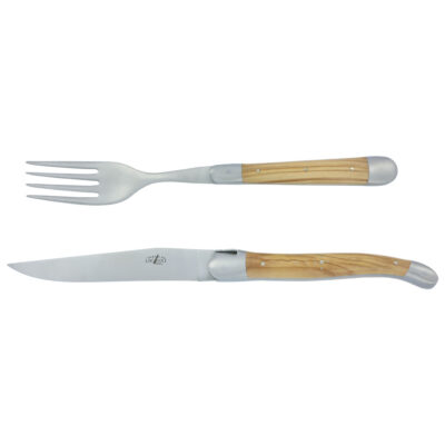 Coffret Duo Forge de Laguiole Couteau et Fourchette de Table Tradition en Olivier finition Satinée (2 pièces)