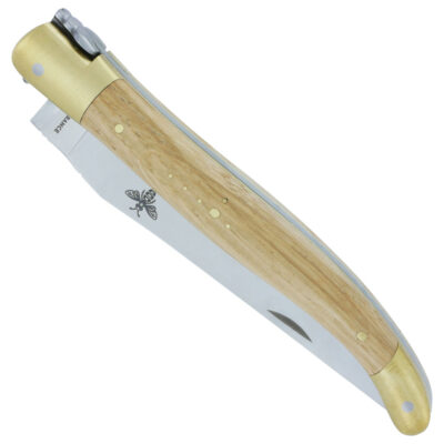 Couteau Laguiole Prestiforge 1 Pièce Manche Chêne 2 mitres et Platine en Laiton Brossé Ressort Lisse en Inox Brossé Mouche Forgée 12cm