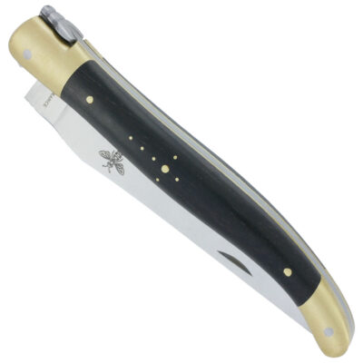 Couteau Laguiole Prestiforge 1 Pièce Manche Ebène 2 mitres et Platine en Laiton Brossé Ressort Lisse en Inox Brossé Mouche Forgée 12cm