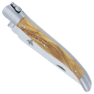 Couteau Laguiole Prestiforge 1 Pièce Manche Olivier 2 mitres Ressort Lisse en Inox Brossé Mouche Forgée 12cm