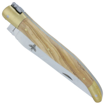 Couteau Laguiole Prestiforge 1 Pièce Manche Olivier 2 mitres et Platine en Laiton Brossé Ressort Lisse en Inox Brossé Mouche Forgée 12cm