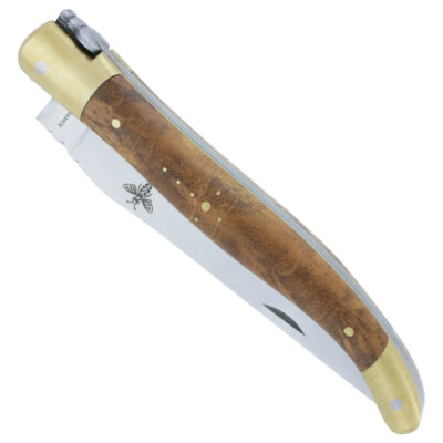 Couteau Laguiole Prestiforge 1 Pièce Manche Teck 2 mitres et Platine en Laiton Brossé Ressort Lisse en Inox Brossé Mouche Forgée 12cm