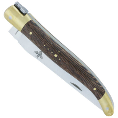 Couteau Laguiole Prestiforge 1 Pièce Manche Wenge 2 mitres et Platine en Laiton Brossé Ressort Lisse en Inox Brossé Mouche Forgée 12cm