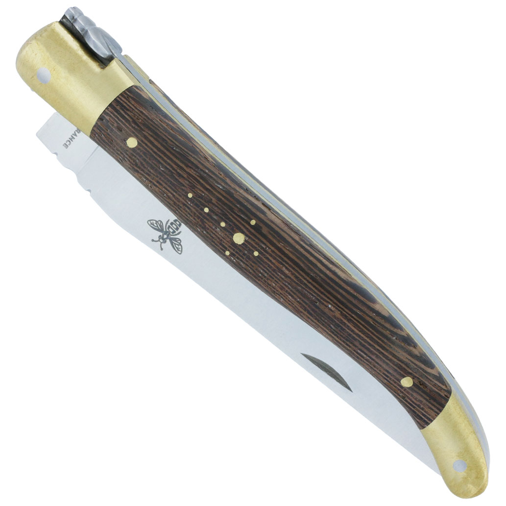 Couteau Laguiole Prestiforge 1 Pièce Manche Wenge 2 mitres et Platine en Laiton Brossé Ressort Lisse en Inox Brossé Mouche Forgée 12cm