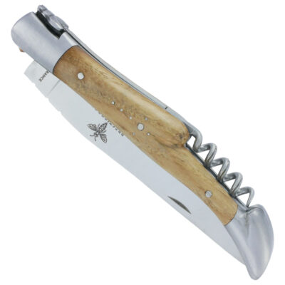 Couteau Laguiole Prestiforge 2 Pièces Manche Chêne 2 mitres Platine en Inox Brossé Ressort Lisse en Inox Brossé Tire Bouchon Mouche Forgée 12cm