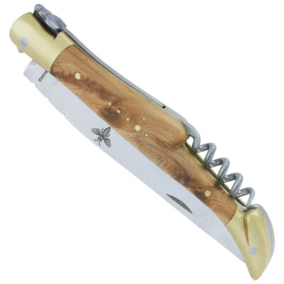 Couteau Laguiole Prestiforge 2 Pièces Manche Genevrier 2 mitres et Platine en Laiton Brossé Ressort Lisse en Inox Brossé Tire Bouchon Mouche Forgée 12cm