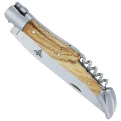 Couteau Laguiole Prestiforge 2 Pièces Manche Olivier 2 Mitres et Platine en Inox Brossé Ressort Lisse en Inox Brossé Tire Bouchon Mouche Forgée 12cm