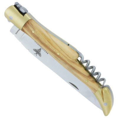 Couteau Laguiole Prestiforge 2 Pièces Manche Olivier 2 mitres et Platine en Laiton Brossé Ressort Lisse en Inox Brossé Tire Bouchon Mouche Forgée 12cm